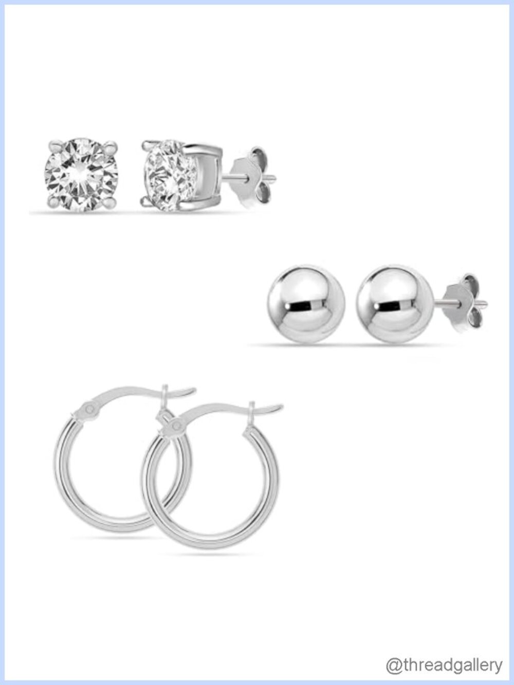 3 Pair Set 925 Sterling Silver Post Stud Earrings Hypoallergenic Small
